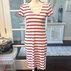Ralph Lauren Sport Red White Striped Cord Tie V Neck Nautical Dress S